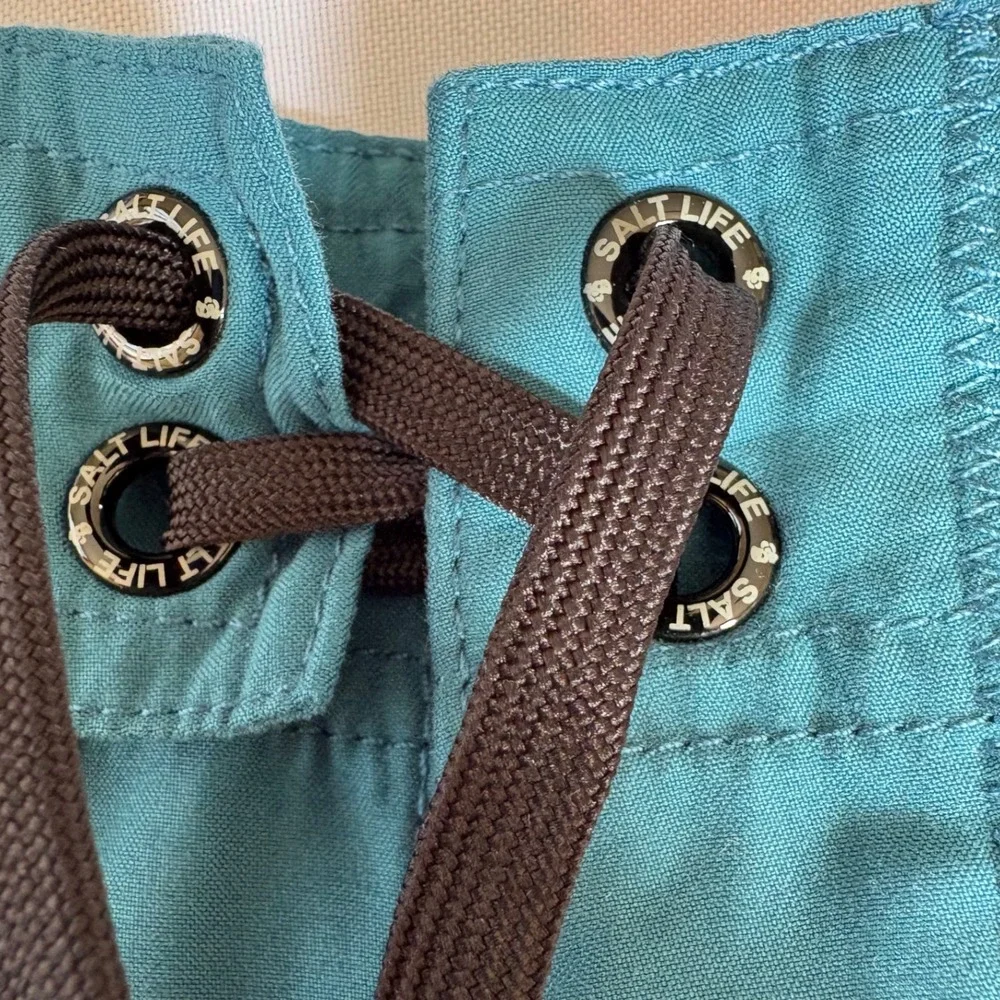 Salt Life Mens Board Shorts Teal Blue Lace Up Logo Graphic Cargo Pocket Surf‎ 36